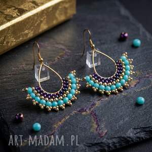 Boho kolczyki wachlarze z koralików - beading turkus i fiolet