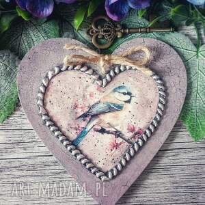 Dekoracyjne serce zawieszka z sikorką, decoupage, shabby chic