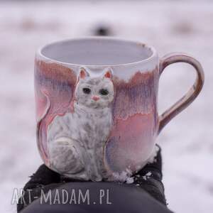 Prezent Handmade Ceramiczny duży kubek z kotem - Różowy sen Peony ok