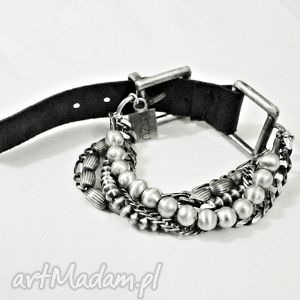kszu - multi chain silver leather bracelet, srebro, skóra, oksydowane