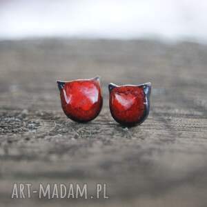 małe kocie główki czerwony mruk kolczyki ceramiczne prezent, kocia