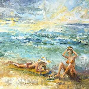 plażowiczki - obraz olejny, ręcznie malowany 60cm x 60cm, morze, kobieta