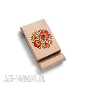 drewniany stojak pod telefon z grafiką wiosenny folk, kwiaty oryginalny, ludowe