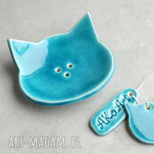 dom turkusowy kot - mydelniczka ceramiczna