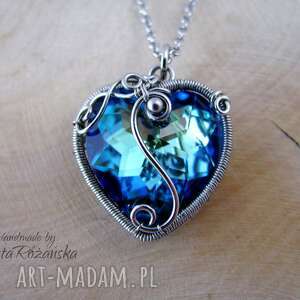 ręcznie wykonane wisiorki wisiorek serce kryształowe bermuda blue, wire