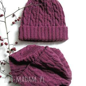 czapka i komin - ciemny róż, 100 wełny, ciepły zestaw na jesień