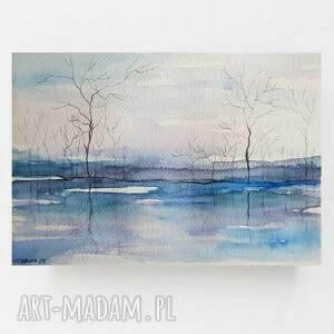 niebieski pejzaż - akwarela formatu A5 drzewa