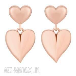 kolczyki podwójne serca z różowego złota, serduszkami, sercami, ozdobne