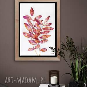 listki róż/pomarańcz A4 - akwarela, obrazek akwarelowy, akwarelowe liście