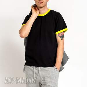 t-shirt męski gładki z limonkowym ściągaczem benjamin czarny koszulka męska