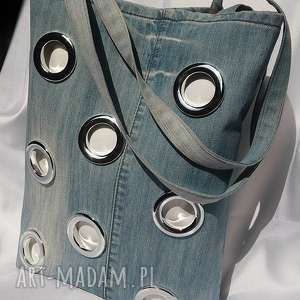 handmade na ramię torba z jeansu ze srebrnymi kółeczkami