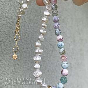 agat i perła asymetryczny naszyjnik, pastelowy, kamienie naturalne srebro