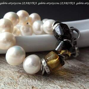 handmade klasyka z wstawką bransoletka naturalnych pereł, bursztynu i srebra