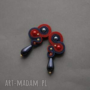 granatowo czerwone kolczyki sutasz, sznurek, eleganckie, wieczorowe