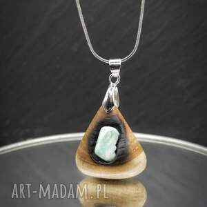 drewniany wisiorek - amazonit i wiąz ręcznie rzeżbiony naszyjnik z drewna