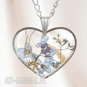 srebrny naszyjnik z prawdziwymi kwiatami łąkowe serce, łąka, dzikie kwiaty