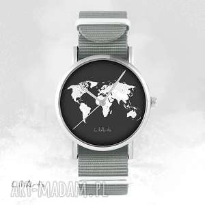 ręcznie zrobione zegarki zegarek, bransoletka - mapa świata - szary, nato
