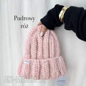 Czapka Nordic 100% wełna pudrowy róż handmade