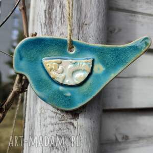 Ptaszek ceramiczny zawieszka - turkusowa dekoracja handmade na balkon i do ogrodu