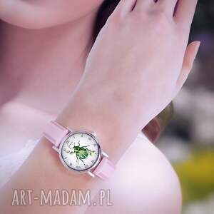 ręcznie zrobione zegarki zegarek mały - zielony żuczek - skórzany, pudrowy
