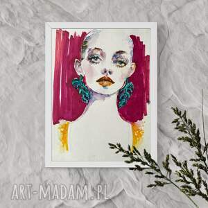 monstera earrings, akwarela na papierze, portret kobiety obraz akwarelowy, muza