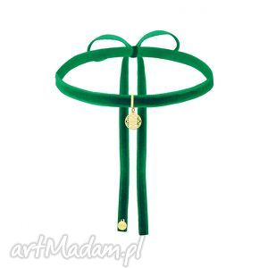 handmade naszyjniki zielony aksamitny choker ze złotą rozetką