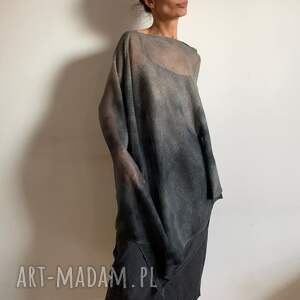 handmade poncho narzutka lniana taupe&grafit