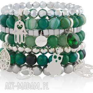 handmade zestaw modowych bransoletk zielonych szmaragdowych i srebrnyh emerald glow