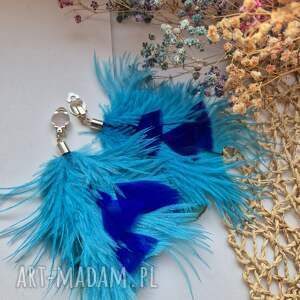 Klipsy turkus pióra eleganckie lekkie boho rękodzieło kol, fo