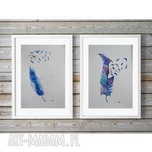 dwie akwarele - piórka format A4, niebieski abstrakcja, papier, ptaki