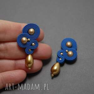 kobaltowo złote kolczyki sutasz, sznurek, eleganckie, wieczorowe