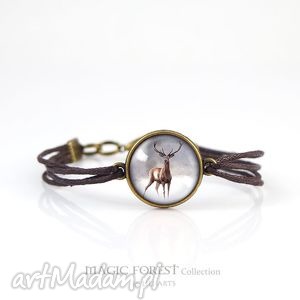 bransoletka - jeleń 2 brązowa, antyczny brąz, sznureczki, grafika, jelonek