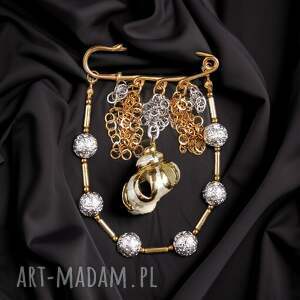 premium broszka srebrno-złota z muszlą efektowna, okazała