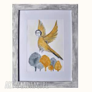 alkonost, akwarela, ptak, obraz ręcznie malowany w ramie