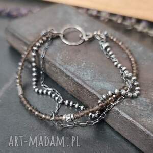 bransoletka z kwarcem dymnym i łańcuszkiem, srebro oksydowane, surowa