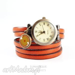 ręczne wykonanie bransoletka, zegarek - pomarańczowa mandala - skórzana