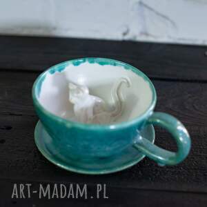 handmade ceramika filiżanka z kotem - biały turkus - rękodzieło - 300
