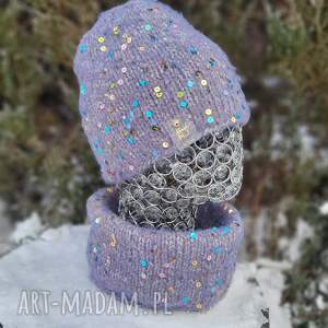 zimowy komplet szary (komplet zimowy, na drutach, cekiny czapka, komin)