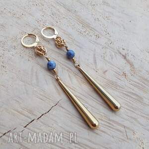 krople złota z szafirem, biżuteria ze stali długie kolczyki eleganckie