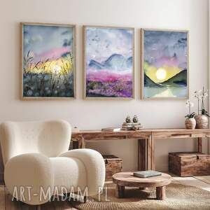 zestaw 3 prac A3, akwarela pejzaż ilustracja, plakaty, łąka