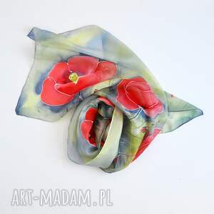 handmade szaliki malowany szal - maki na zielononiebieskim