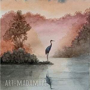 joannatkrol czas żurawia o świcie, akwarela 23x32 cm pejzaż zwierzęta ptaki