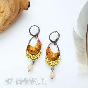 Kolczyki z kurami i kamieniem słonecznym, kurki, kura, wiejski, ptaki