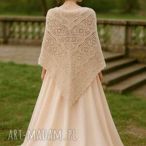 Chusta ślubna handmade szydełkowana - beżowy róż, miękka etola z merino