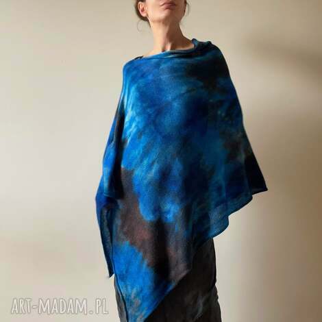 ponczo z wełny merino niebieskie, narzutka tunika, one size, prezent