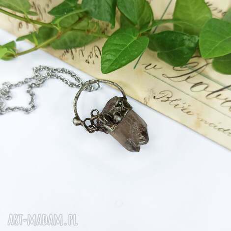 Podwójny kwarc dymny - surowy wisiorek handmade ze stalą chirurgiczną