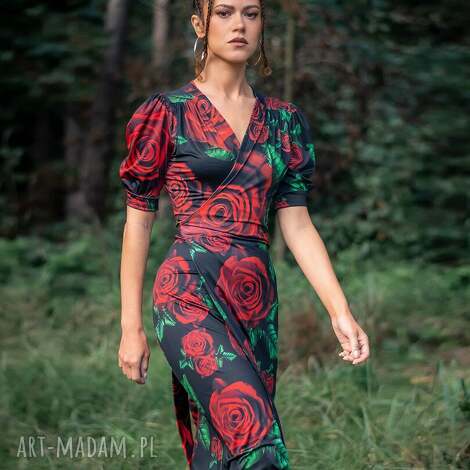 Kelly sukienka kopertowa w kwiaty Królowa Róża - czarna elegancka (Milita Nikonorov)