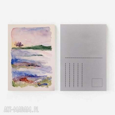 Pejzażyk akwarela - karta pocztowa 10 x 14,5 cm (fiolet, zieleń, czerwień)