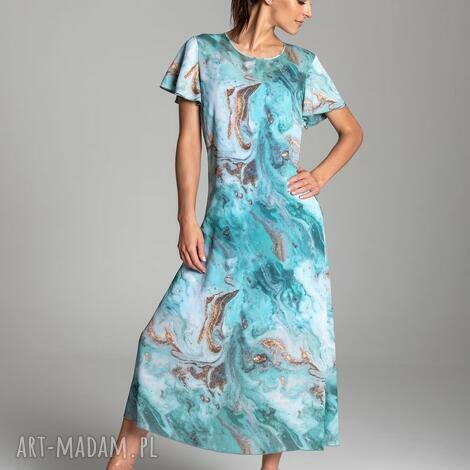 długa letnia sukienka trapezowa z szyfonu w kolorze turkusowym krótkim rękawem