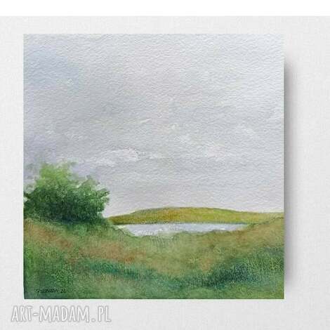 Pejzaż akwarela 20x20 cm - oryginalny obraz do wnętrza